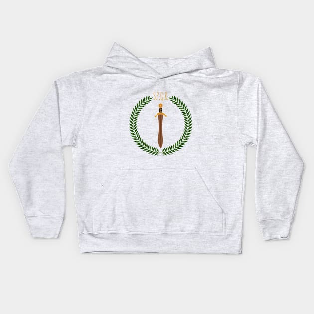 In this picture we see a laurel wreath. This is where the gladius is drawn and above it stands the acronym SPQR. Which means the Senate and people of Rome. Kids Hoodie by Atom139